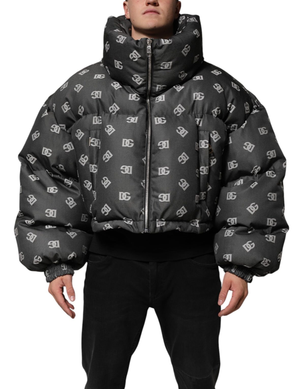 Dolce & Gabbana Black DG Monogram Full Zip Puffer Men Jacket - Eljoys Fashion 