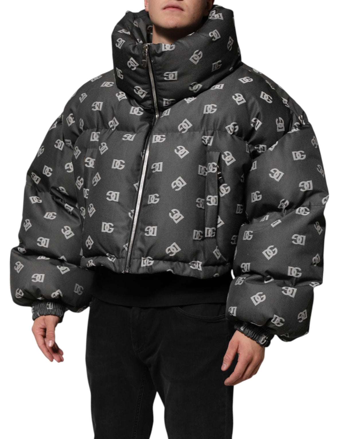 Dolce & Gabbana Black DG Monogram Full Zip Puffer Men Jacket - Eljoys Fashion 