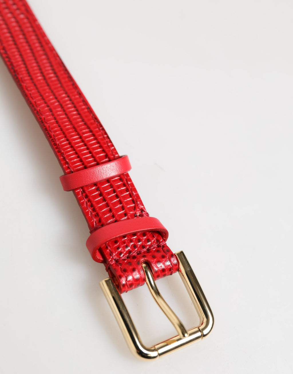 Dolce & Gabbana red exotic leather armband with gold-tone metal buckle for women, stylish fashion accessory.