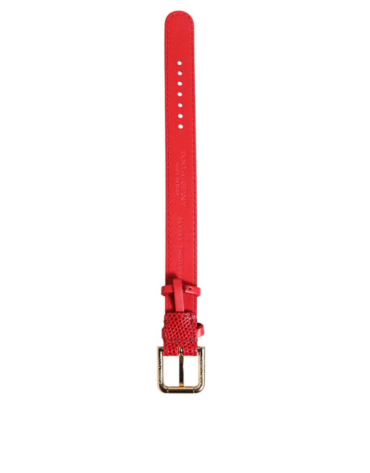 Dolce & Gabbana red exotic leather women’s armband with gold-tone metal buckle and detailed stitching.