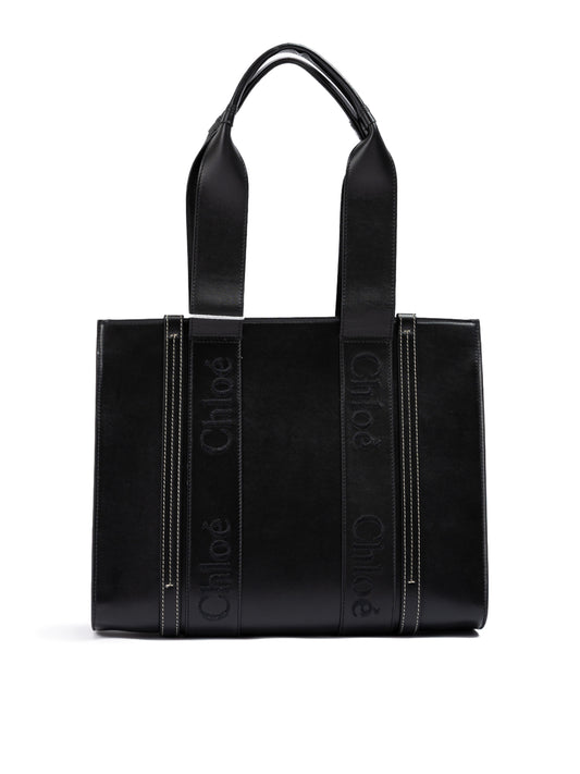 Chloé Black Woody Embroidered Logo Leather Medium Tote Bag Chloé