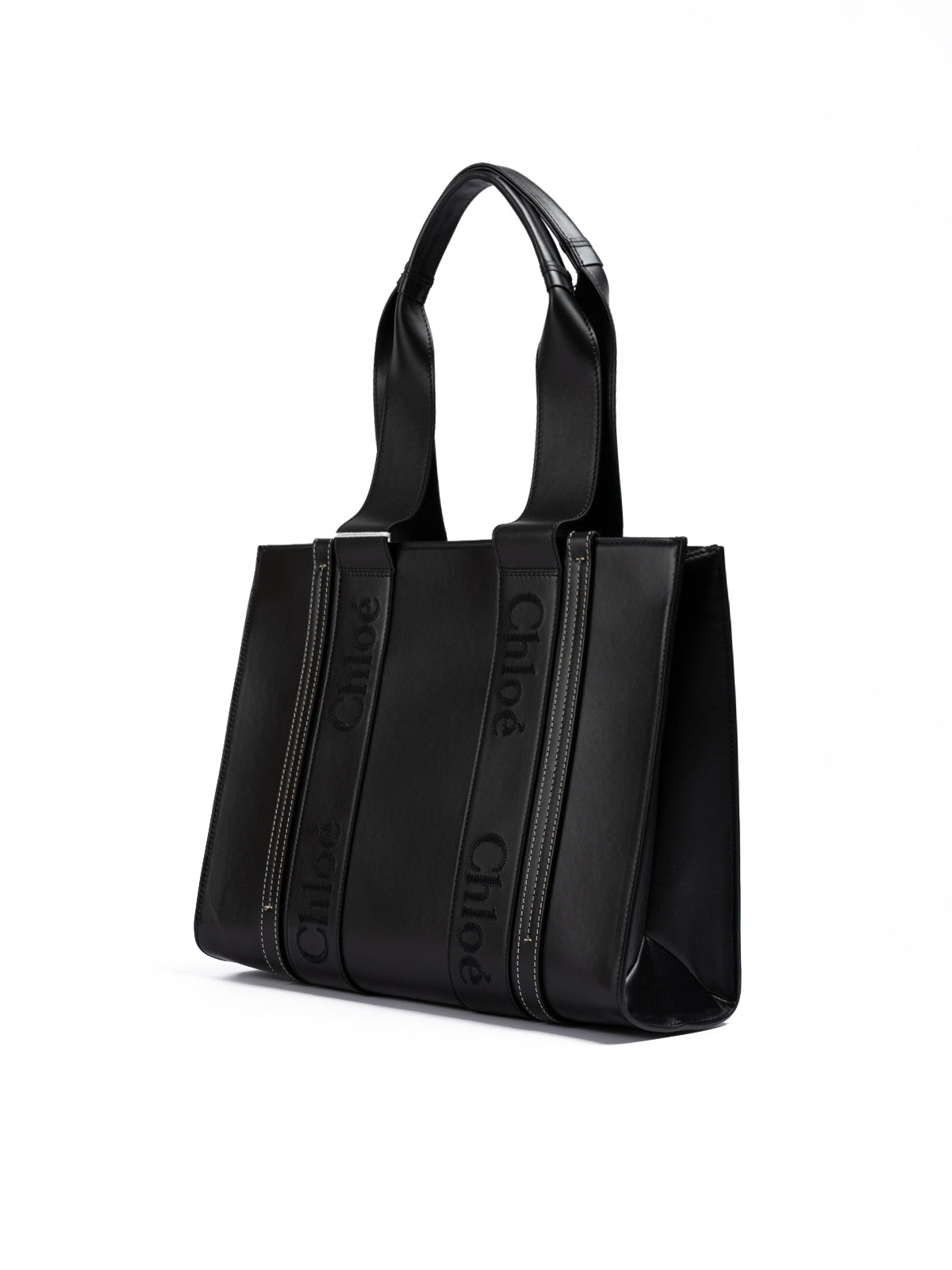 Chloé Black Woody Embroidered Logo Leather Medium Tote Bag Chloé