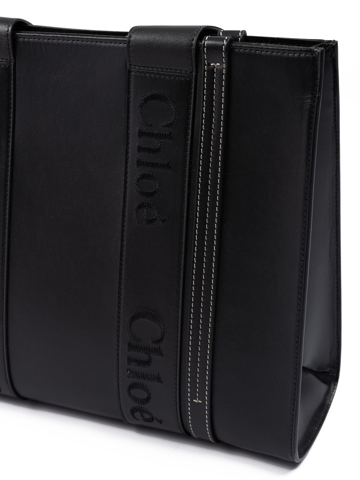 Chloé Black Woody Embroidered Logo Leather Medium Tote Bag Chloé
