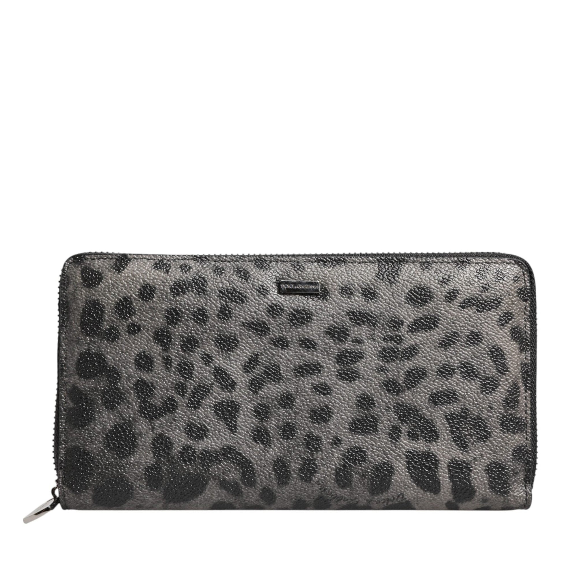 Dolce & Gabbana Black Gray Leopard Leather Zip Around Continental Wallet
