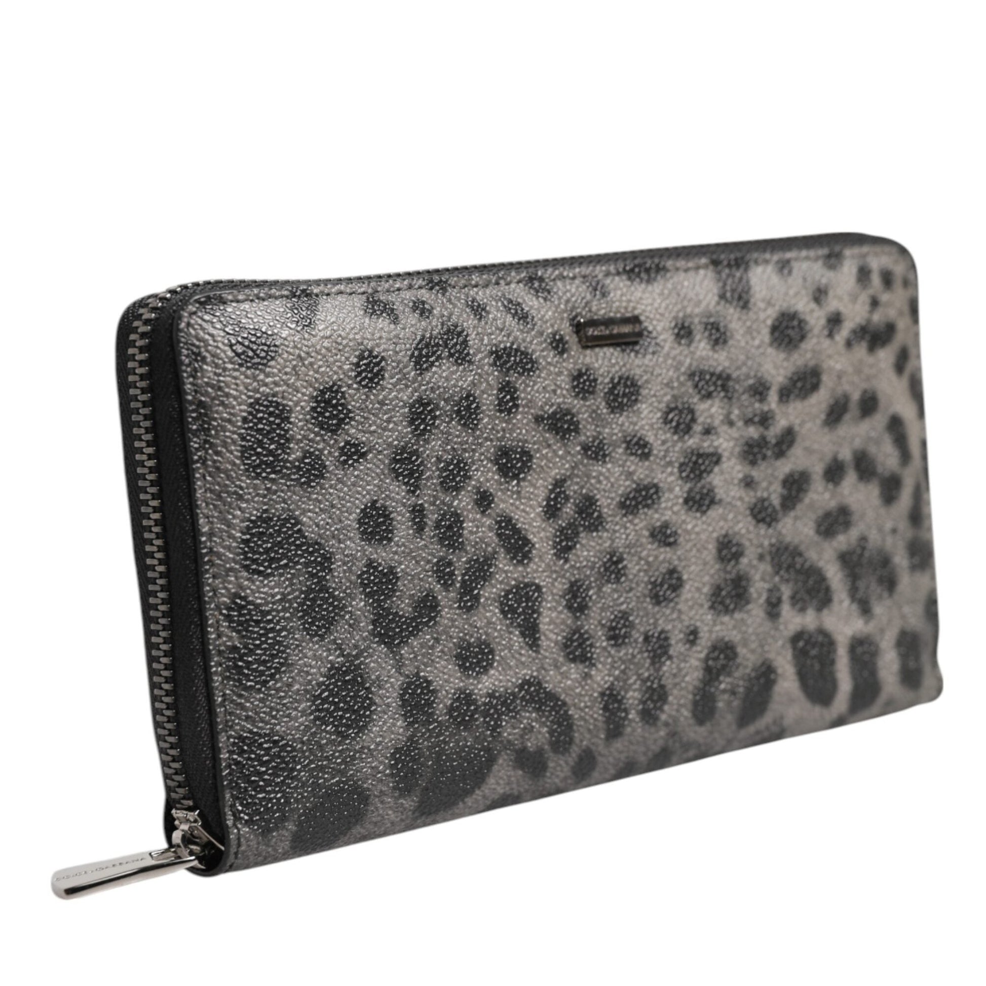 Dolce & Gabbana Black Gray Leopard Leather Zip Around Continental Wallet