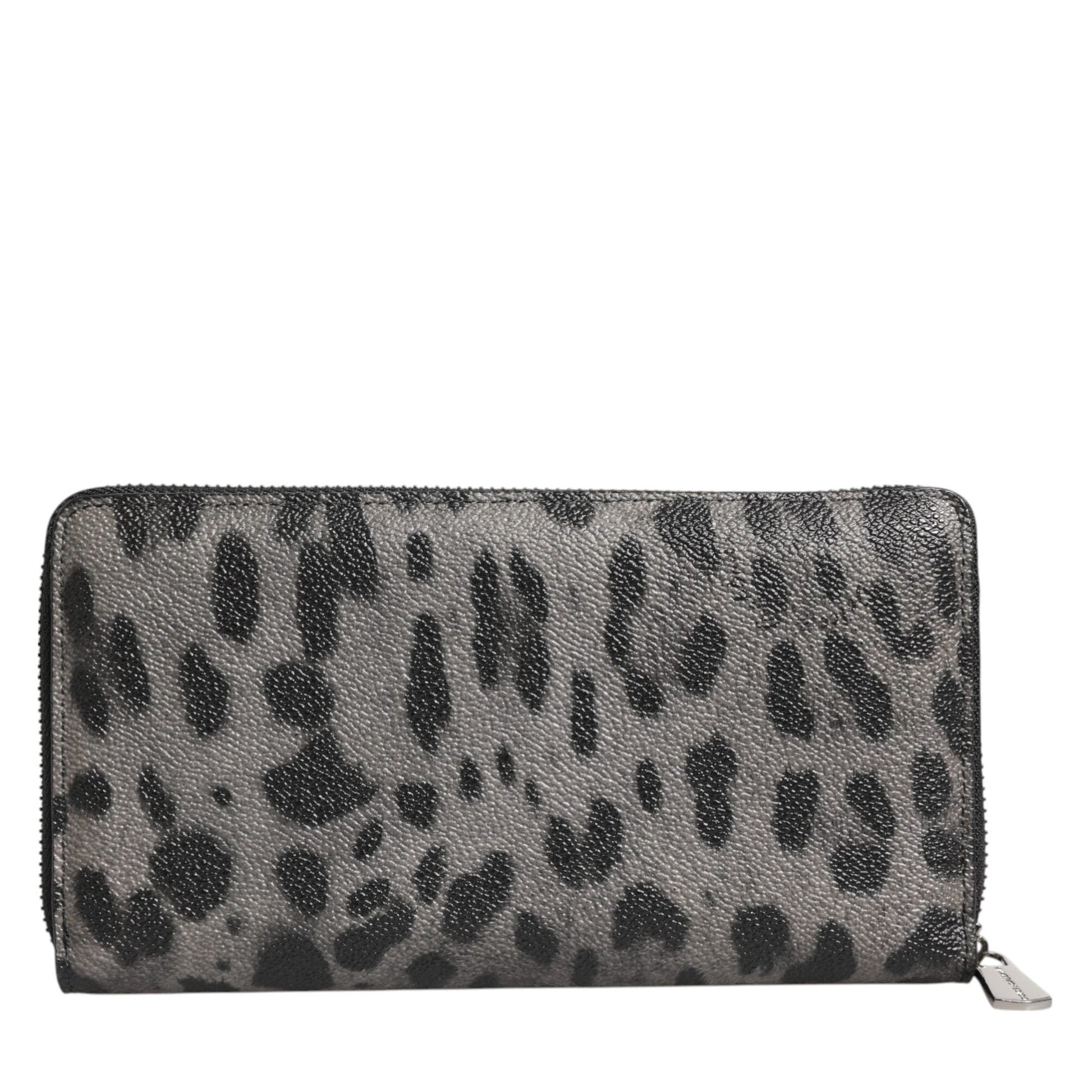 Dolce & Gabbana Black Gray Leopard Leather Zip Around Continental Wallet
