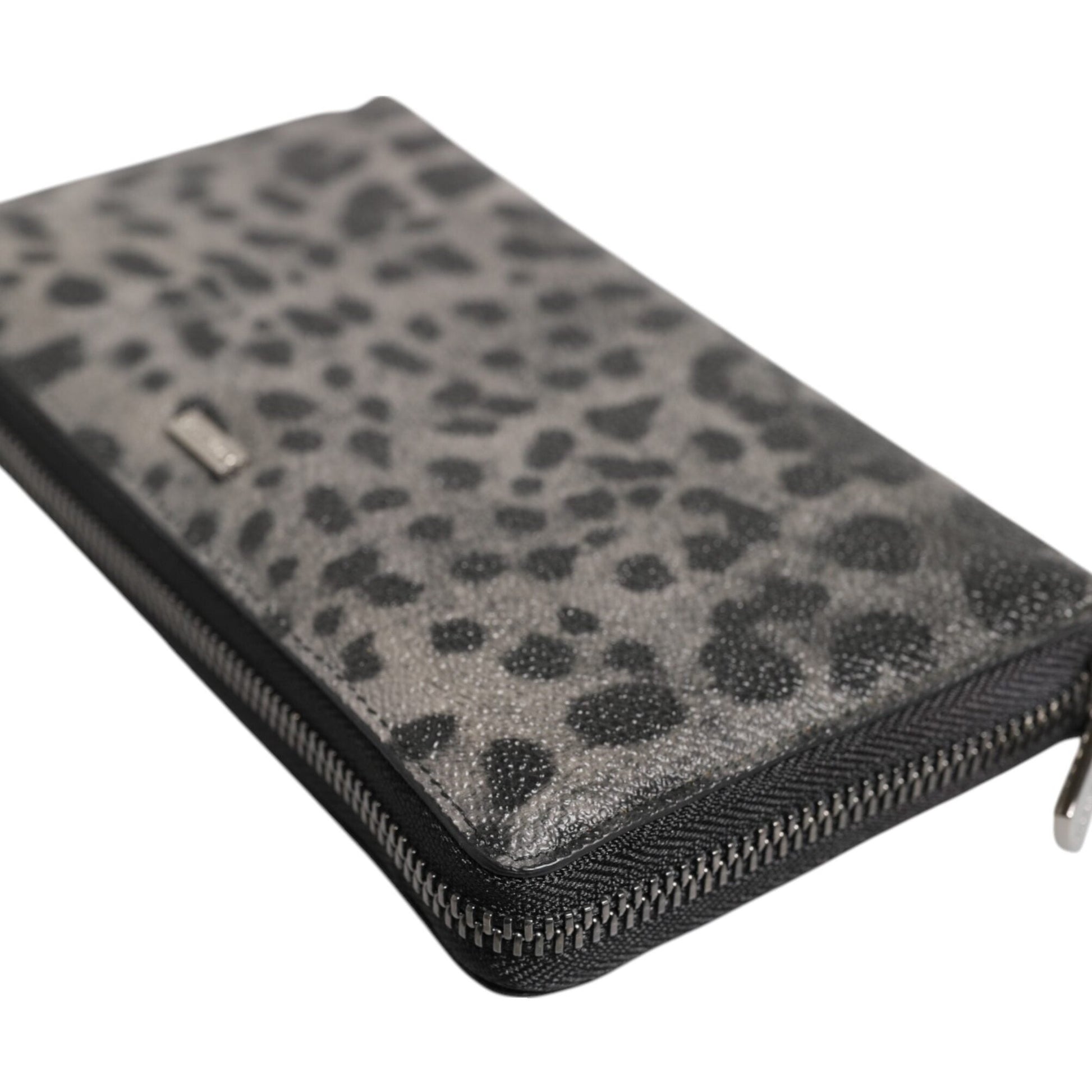 Dolce & Gabbana Black Gray Leopard Leather Zip Around Continental Wallet