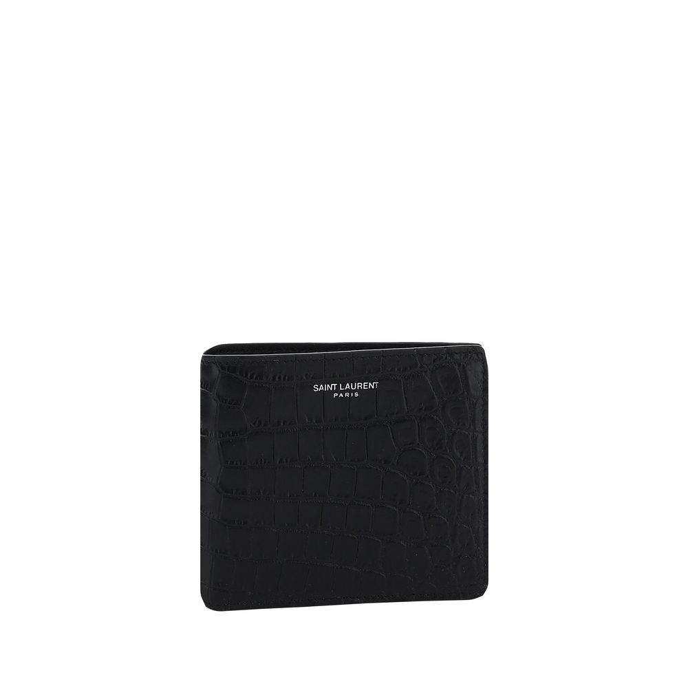 Saint Laurent black calf leather Bos Taurus wallet opened to show card slots and interior design.
