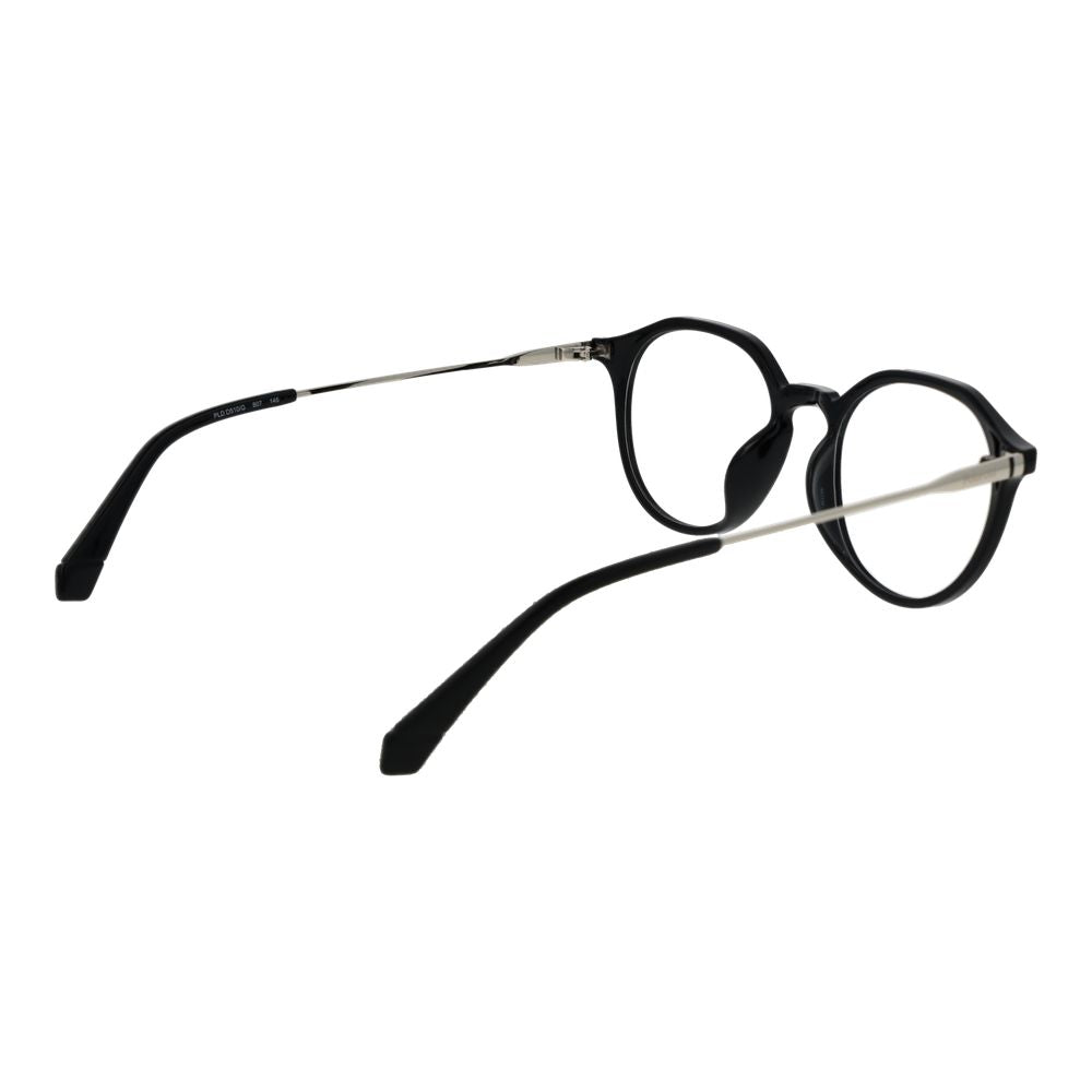 Polaroid black polyamide glasses frames with sleek, lightweight design and clear lenses, showcasing modern eyewear style.