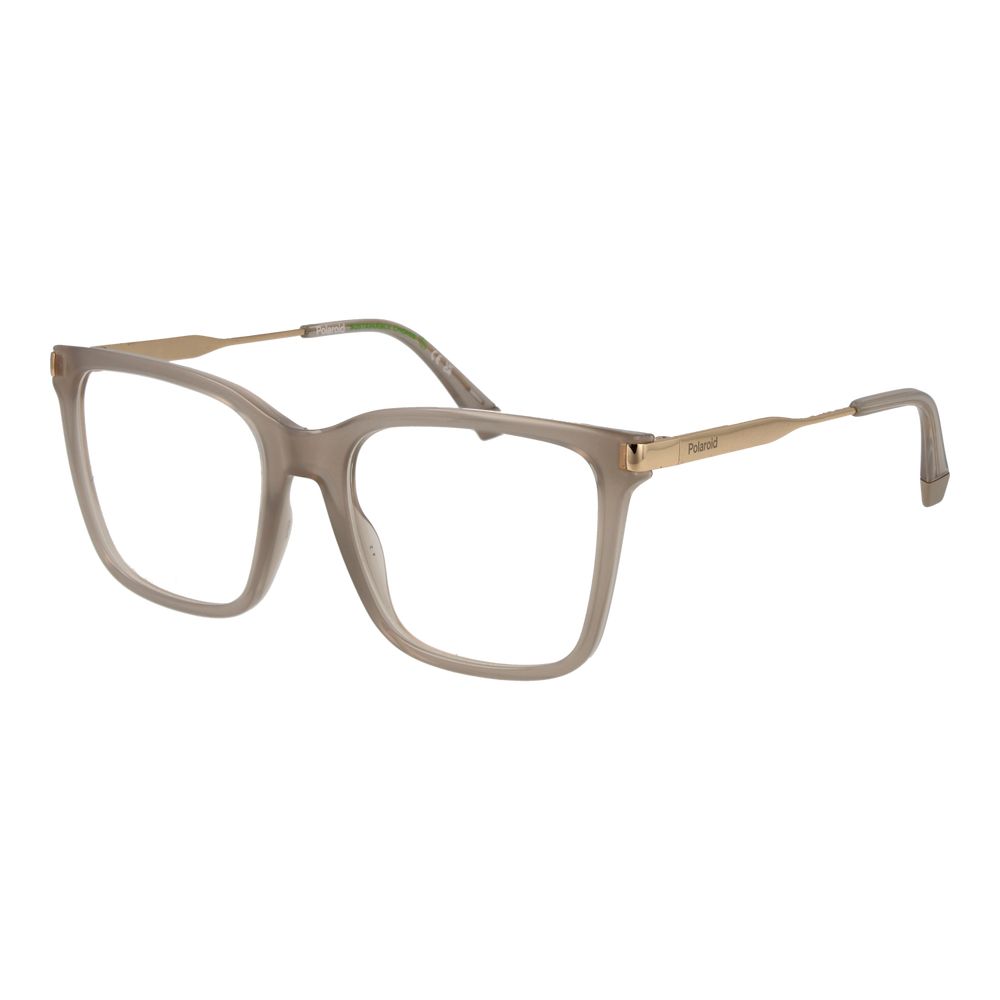 Polaroid beige polyamide eyeglass frames with clear lenses, lightweight and stylish for everyday wear.