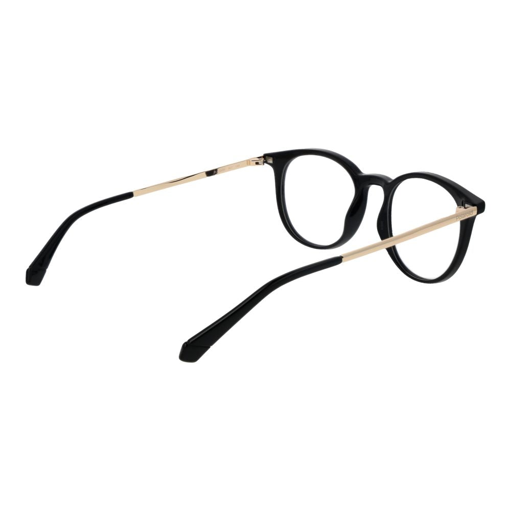 Polaroid black polyester glasses frames with clear lenses, stylish and lightweight for everyday wear.