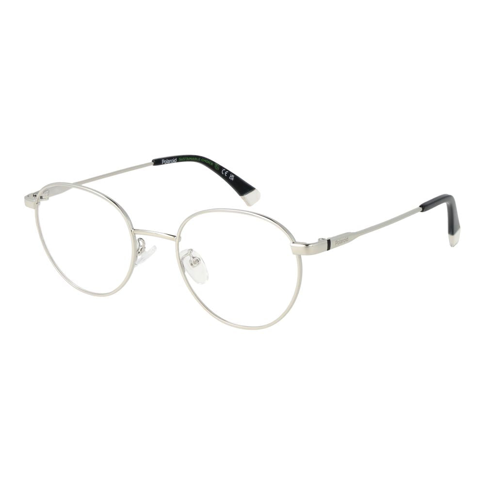 Polaroid silver metal eyeglasses frames with clear lenses, stylish and lightweight for everyday wear