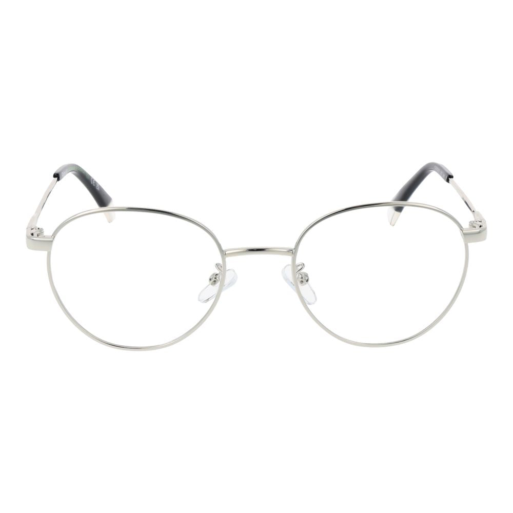 Polaroid silver metal glasses frames showing sleek, lightweight design with clear lenses and modern style.