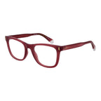 Polaroid red plastic eyeglass frames with clear lenses, stylish and lightweight for everyday wear.