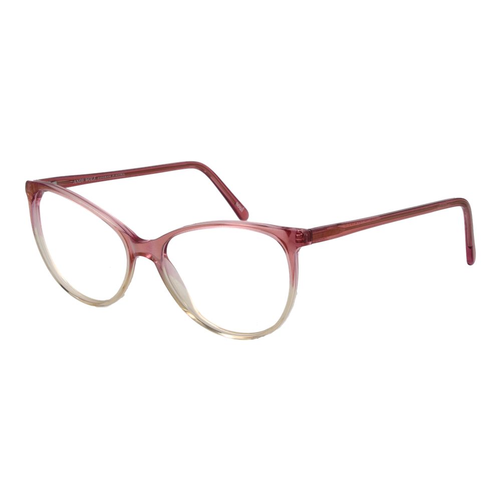 Pink acetate glasses frames by Andy Wolf with a sleek, modern design and clear lenses, shown in a close-up view.