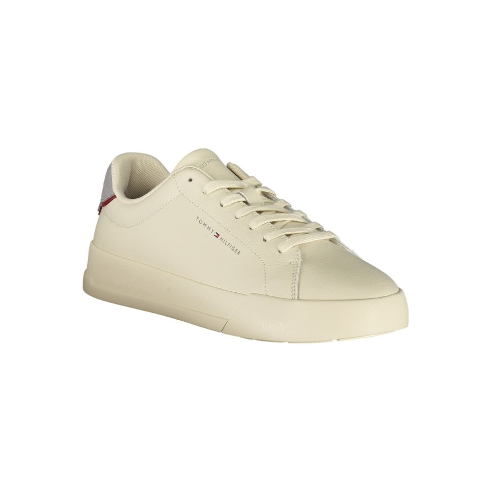 Tommy Hilfiger beige polyurethane men's sneaker with white sole and laces, showcasing a casual athletic footwear design.