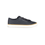 Tommy Hilfiger blue polyester men's sneaker with white sole and logo detail, casual athletic shoe for everyday wear.