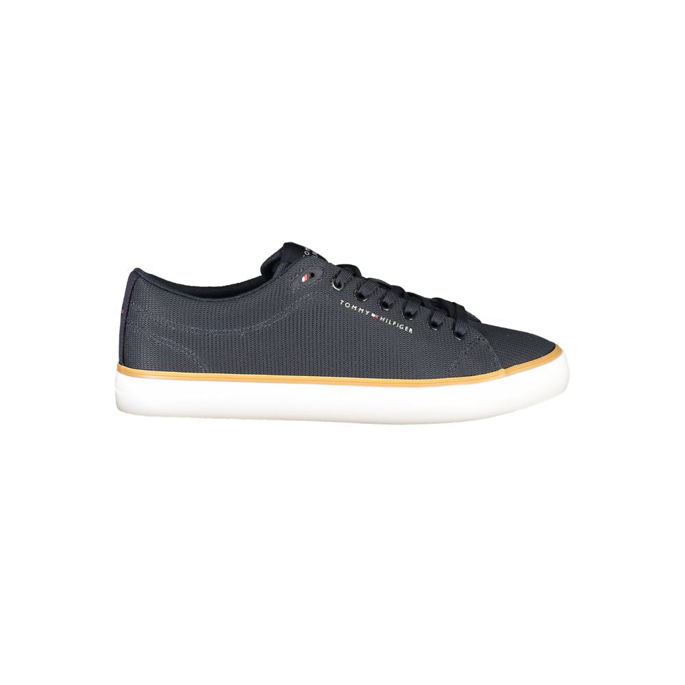 Tommy Hilfiger blue polyester men's sneaker with white sole and logo detail, casual athletic shoe for everyday wear.