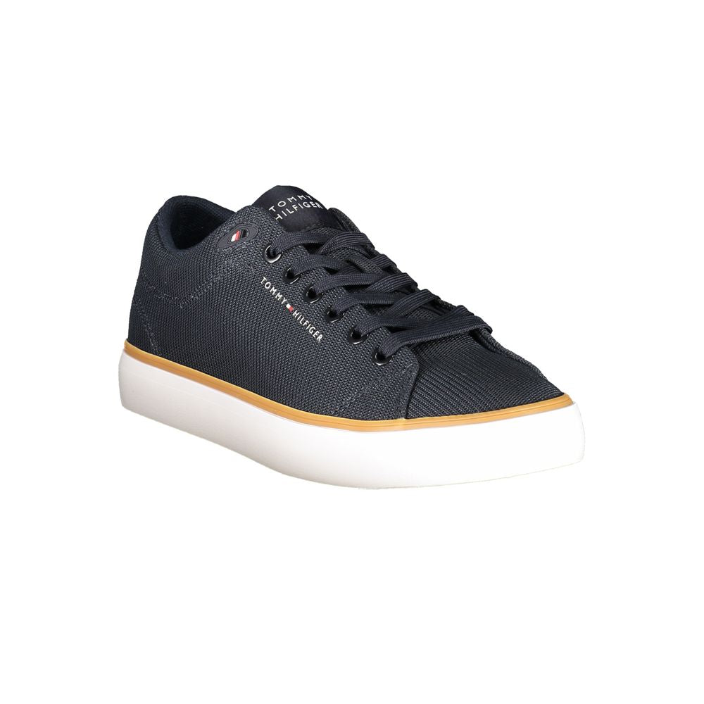 Tommy Hilfiger blue polyester men's sneaker with white sole and laces, stylish casual footwear for men.