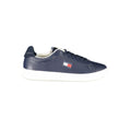 Tommy Hilfiger men's blue polyurethane sneaker with white sole and logo detailing, casual athletic footwear.