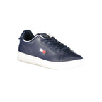 Tommy Hilfiger men's blue polyurethane sneaker with white sole and logo details, casual athletic footwear.