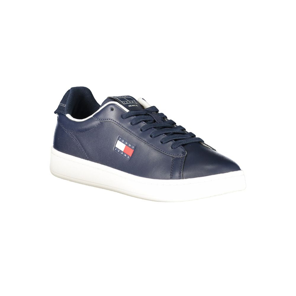 Tommy Hilfiger men's blue polyurethane sneaker with white sole and logo details, casual athletic footwear.