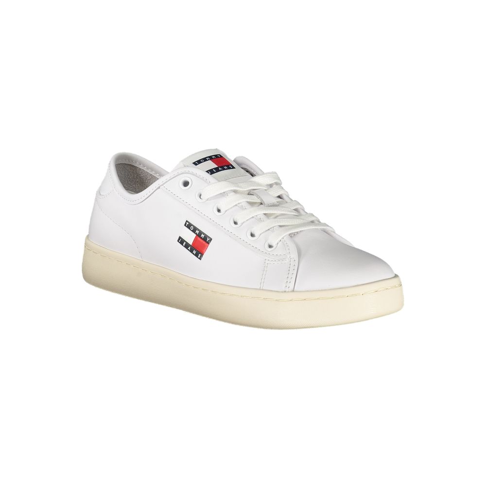Tommy Hilfiger Bianco polyurethane women's sneaker with white design, lace-up closure, and casual athletic style.