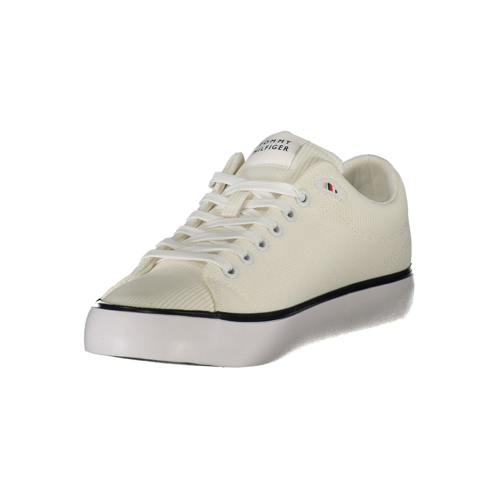 Tommy Hilfiger Bianco polyester men's sneaker showing white sporty shoe with brand logo on the side.