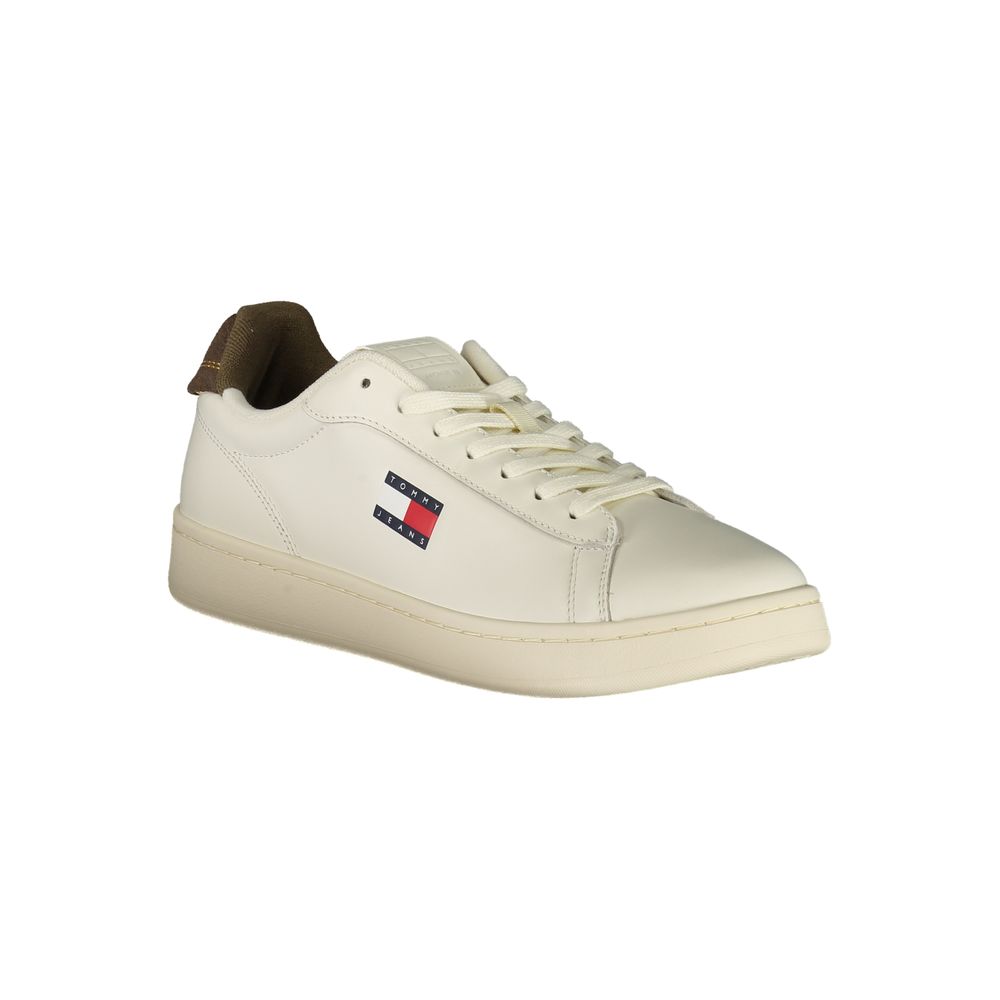 Tommy Hilfiger Bianco polyurethane men's sneaker with white design and casual laces, front view showing sleek sporty style.