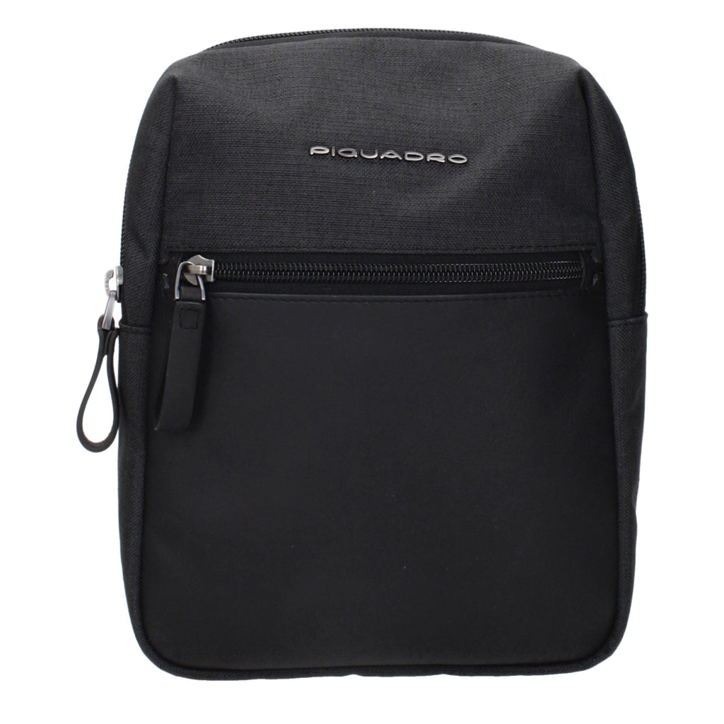 Black fabric Piquadro crossbody bag with adjustable strap and multiple compartments, designed for everyday use.