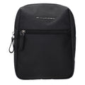 Black fabric Piquadro crossbody bag with adjustable strap and multiple compartments, designed for everyday use.