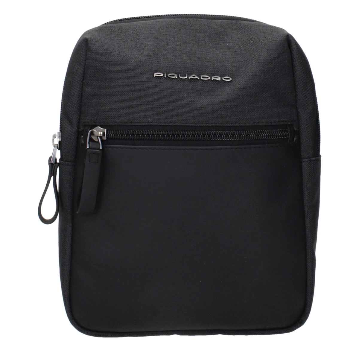 Black fabric Piquadro crossbody bag with adjustable strap and multiple compartments, designed for everyday use.