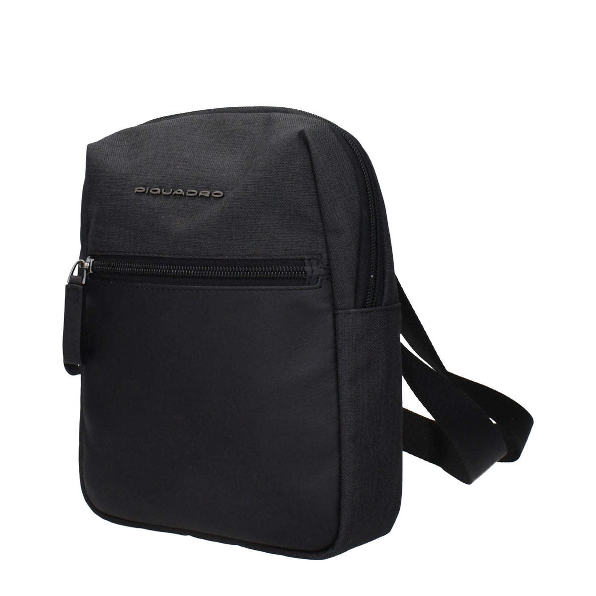 Black fabric crossbody bag by Piquadro with adjustable strap and sleek design, perfect for everyday use.
