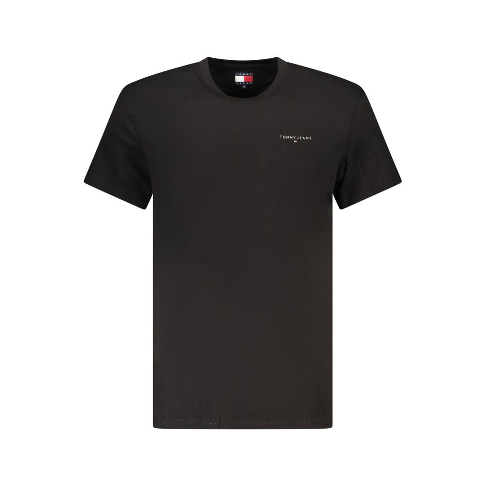 Black cotton men's T-shirt by Tommy Hilfiger with crew neck and logo detail, displayed on a plain background.