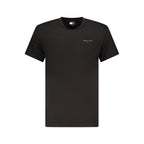 Black cotton men's T-shirt by Tommy Hilfiger with crew neck and logo detail, displayed on a plain background.