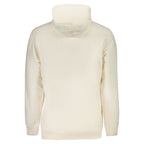 White cotton men's hooded sweatshirt by Tommy Hilfiger with a front pocket and logo details, displayed on a plain background.