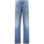 Tommy Hilfiger blue cotton men's jeans showing classic fit with belt loops and five-pocket design.