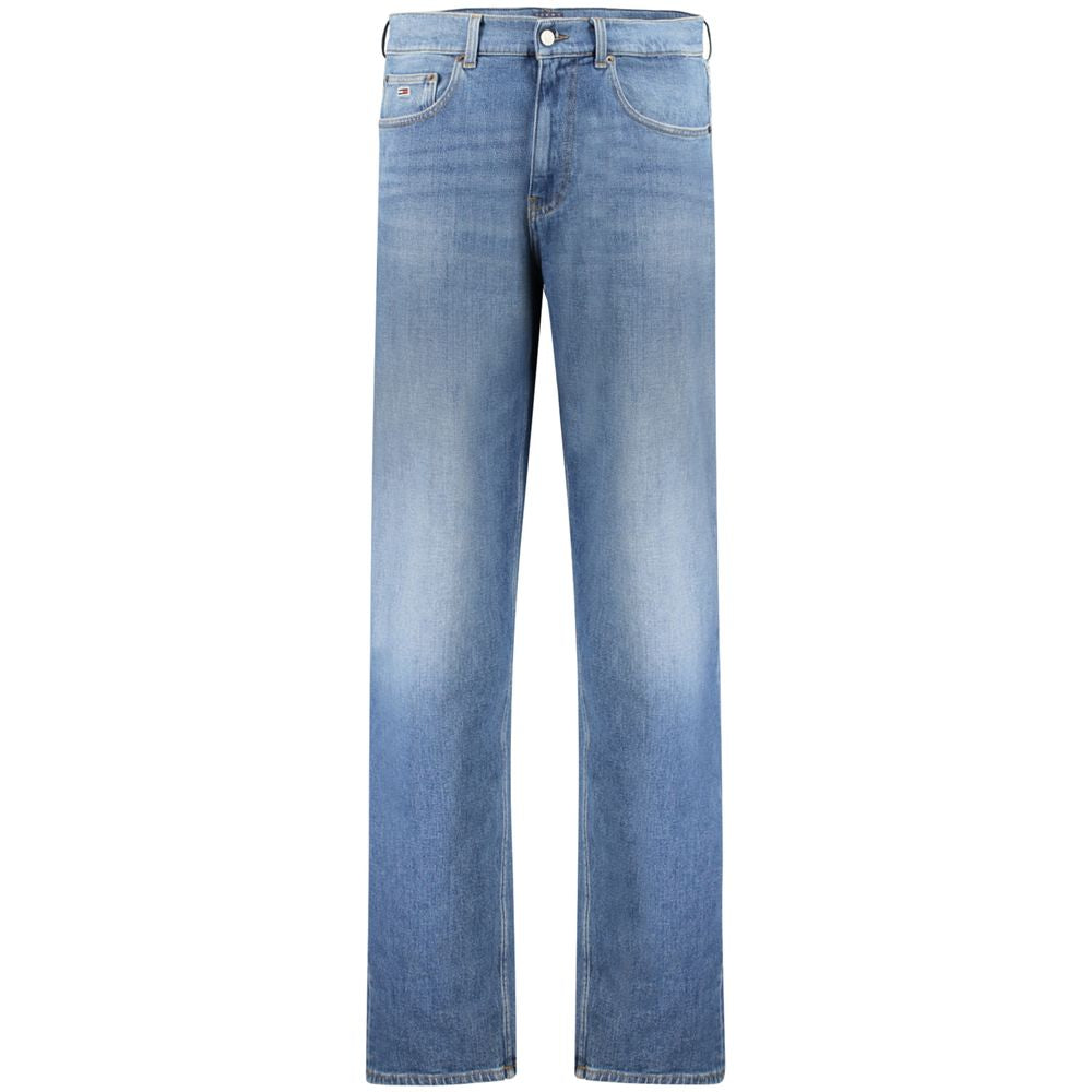 Tommy Hilfiger blue cotton men's jeans showing classic fit with belt loops and five-pocket design.