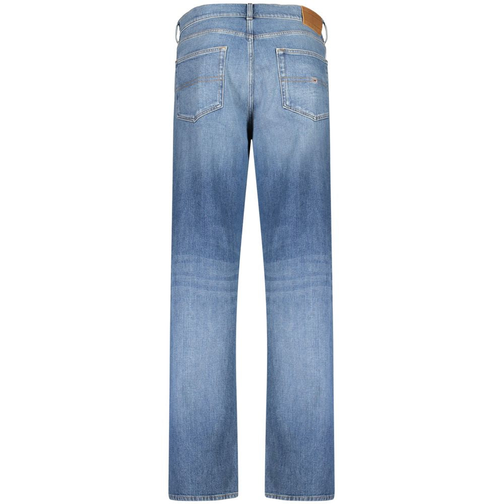 Blue cotton men's jeans by Tommy Hilfiger with classic five-pocket design and branded leather patch on waistband.