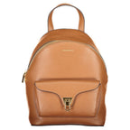 Brown Coccinelle leather women's backpack with adjustable straps and a sleek design, featuring a front zipper pocket and gold-tone accents.