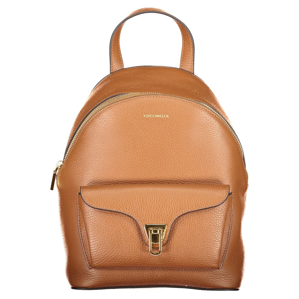 Brown Coccinelle leather women's backpack with adjustable straps and a sleek design, featuring a front zipper pocket and gold-tone accents.