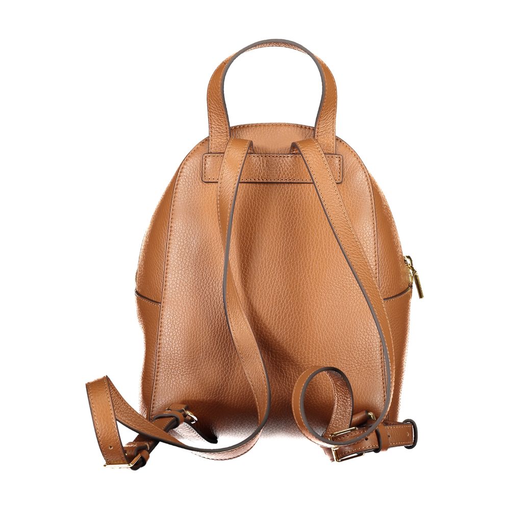 Coccinelle brown leather women's backpack with adjustable straps and multiple compartments, stylish and functional for daily use.