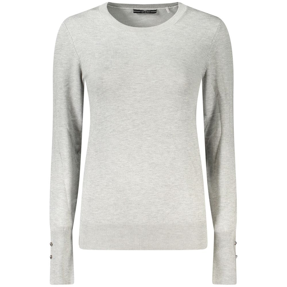 Guess Jeans women's gray viscose sweater with a cozy fit and ribbed cuffs, perfect for casual wear.