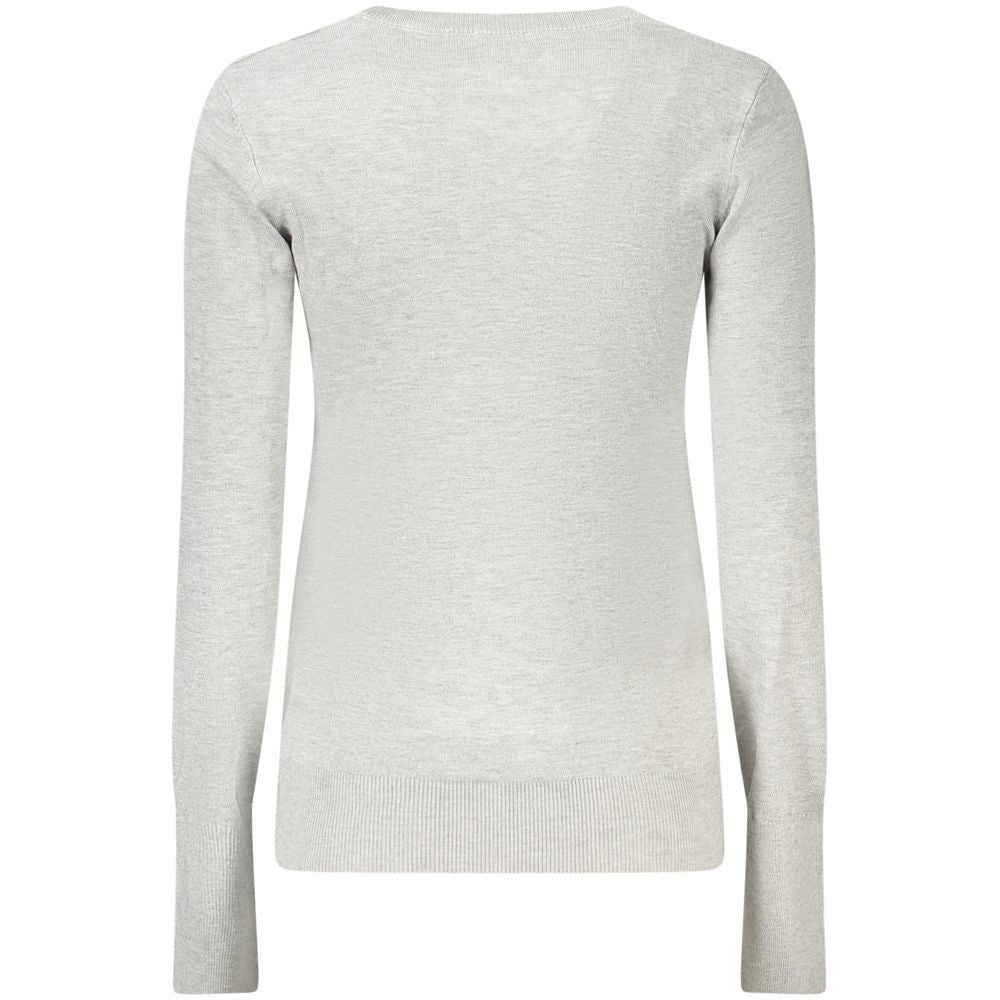 Guess Jeans women’s gray viscose sweater with long sleeves and a relaxed fit, featuring a soft knit texture.