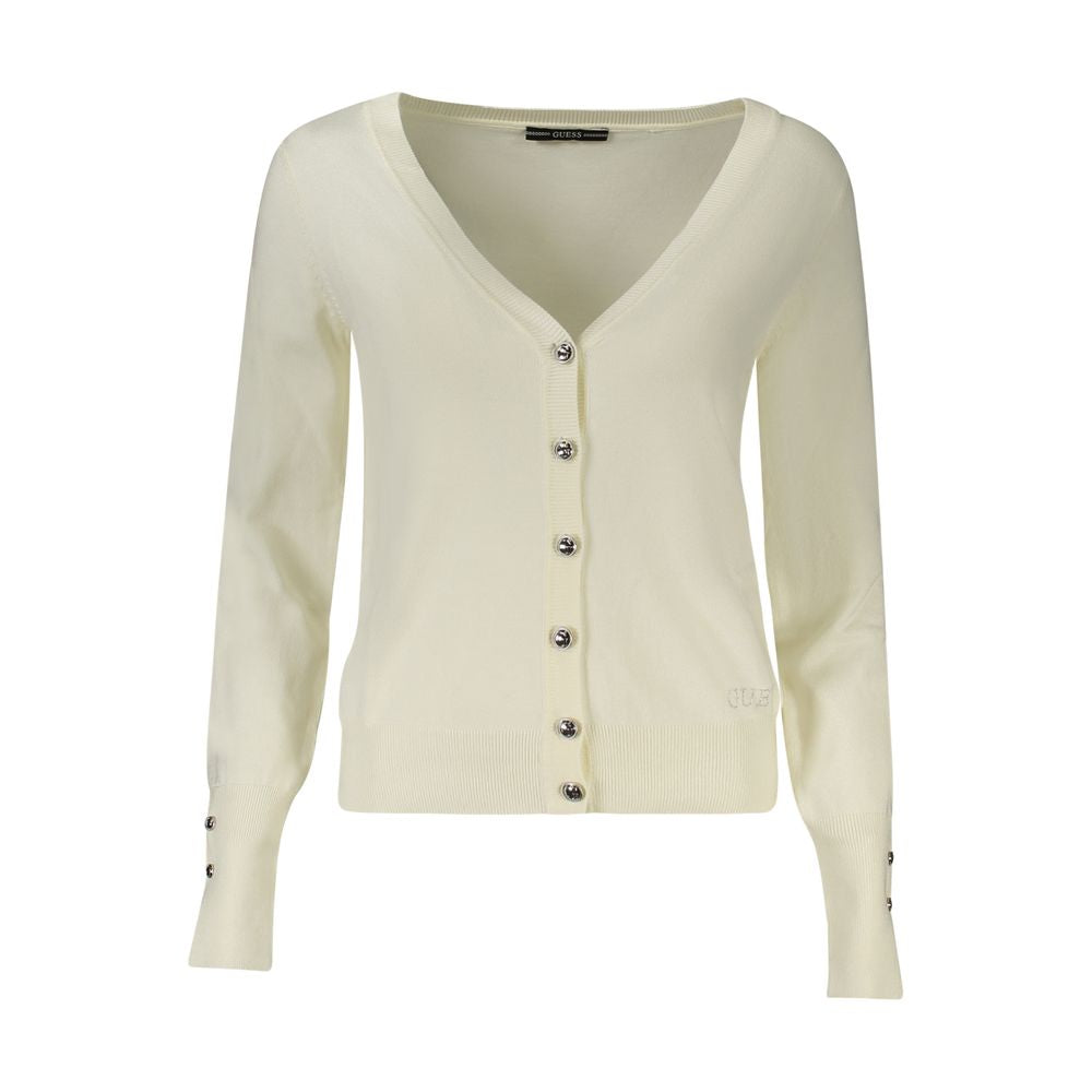 Guess Jeans women's white viscose cardigan with long sleeves and a relaxed fit, featuring a classic button-up design.