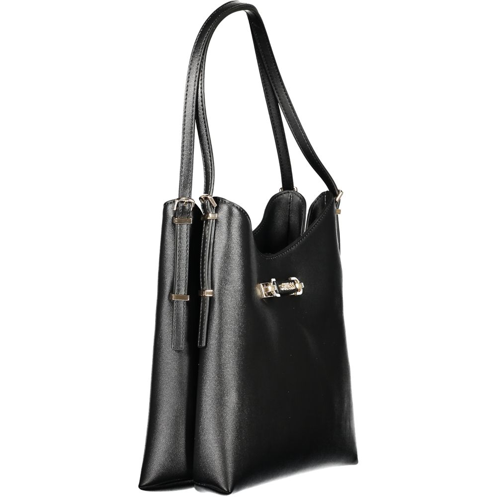Black Guess Jeans polyurethane women's handbag with sleek design and gold-tone hardware, featuring top handles and a spacious interior.