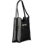 Black Guess Jeans polyurethane women's handbag with sleek design and gold-tone hardware, featuring top handles and a spacious interior.