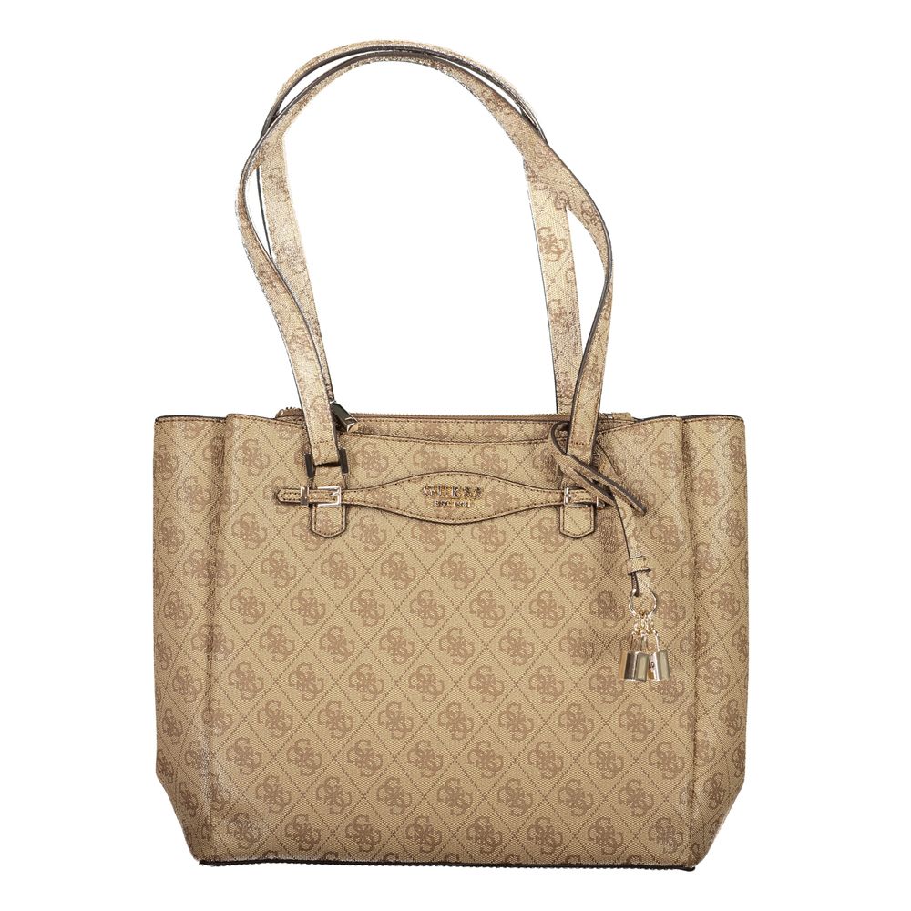Guess Jeans beige polyurethane women's handbag with sleek design and top handle, featuring subtle branding and stylish accents.