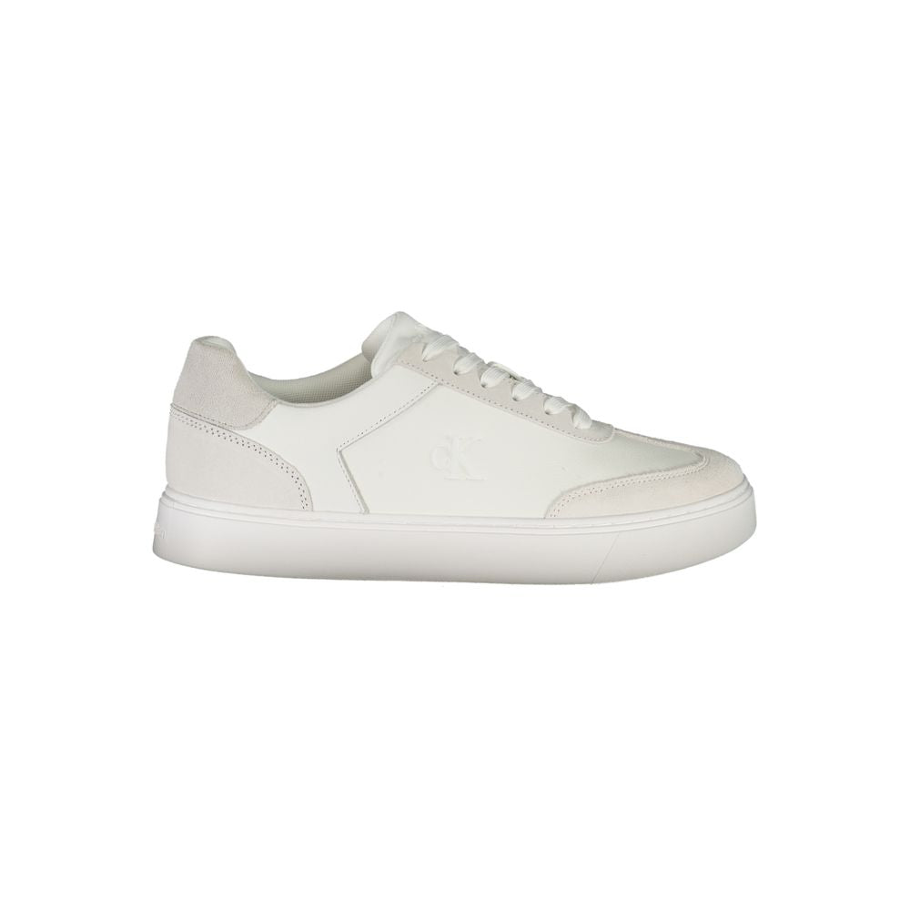Calvin Klein white polyurethane men's sneaker with sleek design and white laces, shown from a side view.