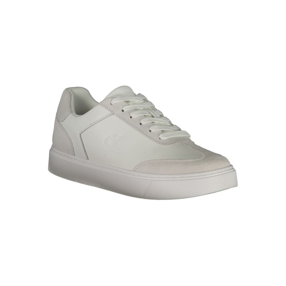 White Calvin Klein polyurethane men's sneaker with sleek design and lace-up closure, shown from a side angle.